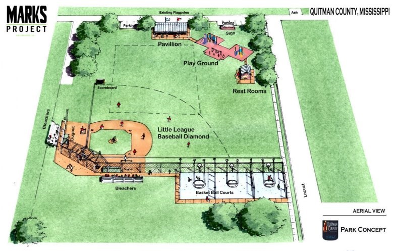 Playground and Ballpark map and rendering, showing how the donated land will be repurposed for community use.